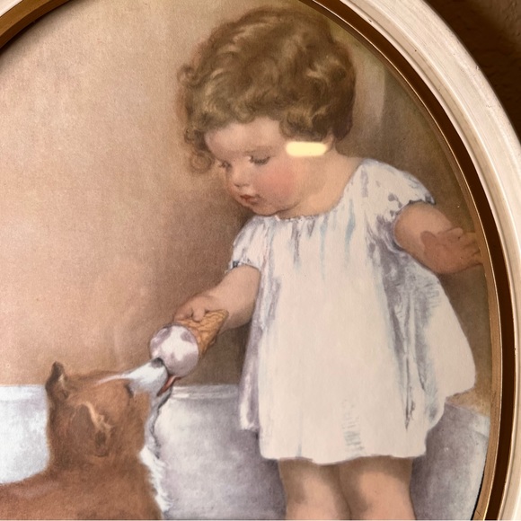 Vintage 1930’s Bessie Pease Gutmann ‘The Reward’ Oval Framed Litho of girl givin - Picture 7 of 8